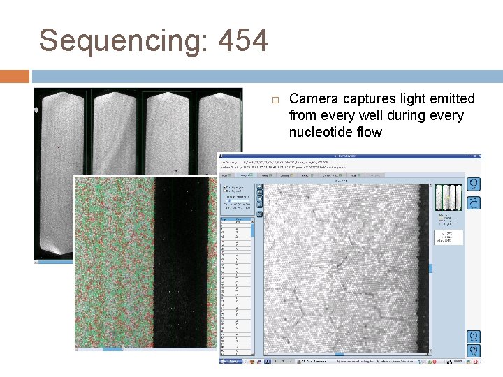 Sequencing: 454 Camera captures light emitted from every well during every nucleotide flow 