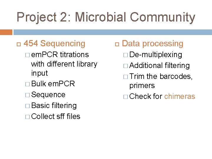 Project 2: Microbial Community 454 Sequencing � em. PCR titrations with different library input