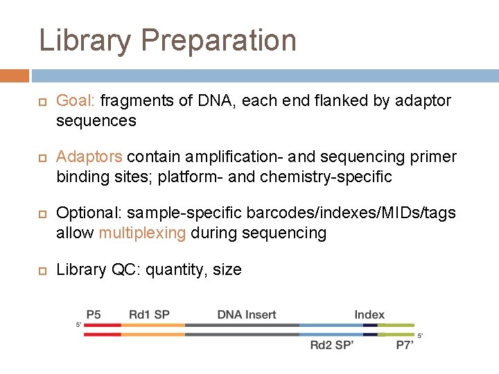 Library Preparation Goal: fragments of DNA, each end flanked by adaptor sequences Adaptors contain