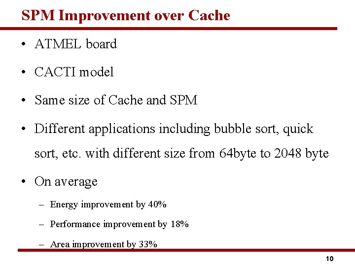 SPM Improvement over Cache • ATMEL board • CACTI model • Same size of
