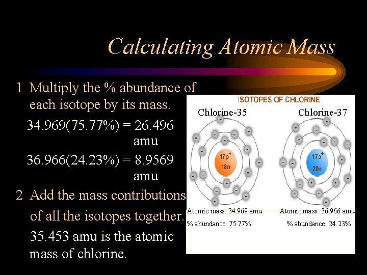 Calculating Atomic Mass 1 Multiply the % abundance of each isotope by its mass.