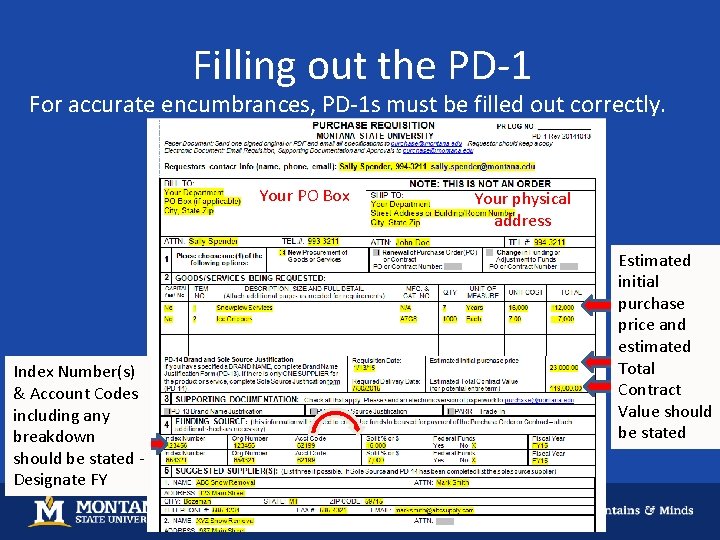 Filling out the PD-1 For accurate encumbrances, PD-1 s must be filled out correctly.