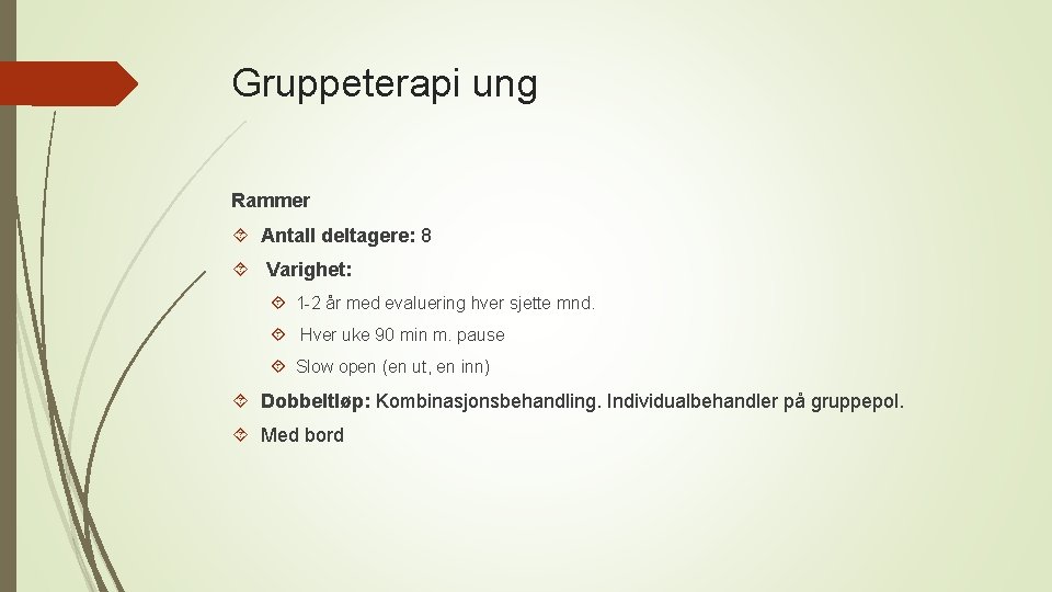 Gruppeterapi ung Rammer Antall deltagere: 8 Varighet: 1 -2 år med evaluering hver sjette