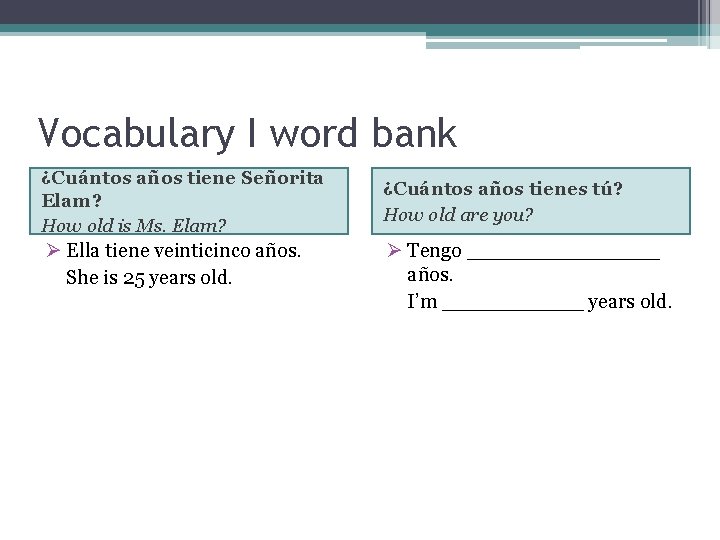 Vocabulary I word bank ¿Cuántos años tiene Señorita Elam? How old is Ms. Elam?