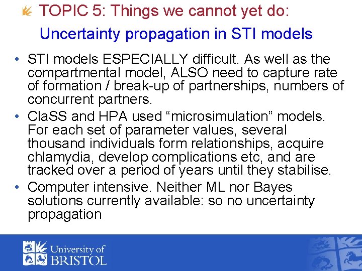 TOPIC 5: Things we cannot yet do: Uncertainty propagation in STI models • STI