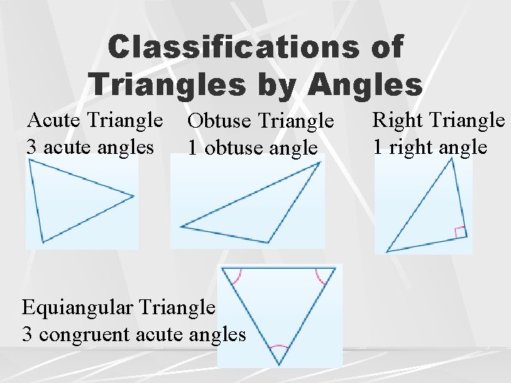 Classifications of Triangles by Angles Acute Triangle 3 acute angles Obtuse Triangle 1 obtuse