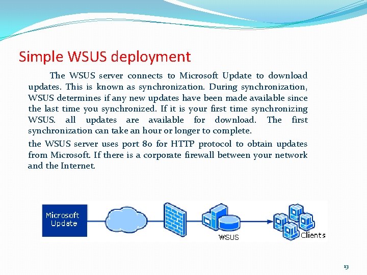 Simple WSUS deployment The WSUS server connects to Microsoft Update to download updates. This