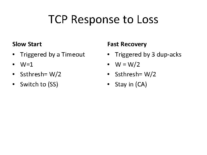 TCP Response to Loss Slow Start • • Triggered by a Timeout W=1 Ssthresh=