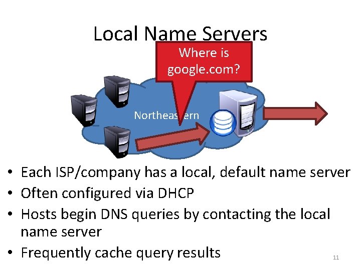 Local Name Servers Where is google. com? Northeastern • Each ISP/company has a local,