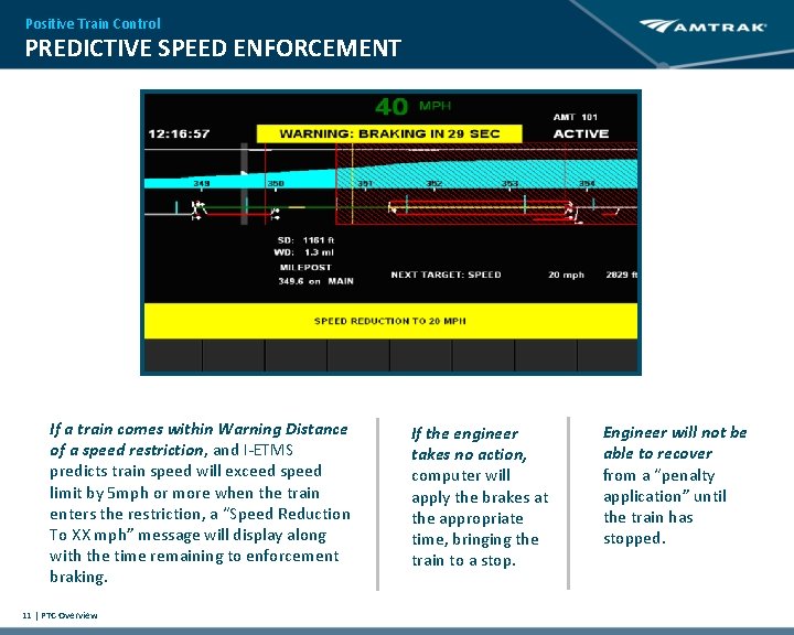 Positive Train Control PREDICTIVE SPEED ENFORCEMENT If a train comes within Warning Distance of Positive Train Control PREDICTIVE SPEED ENFORCEMENT If a train comes within Warning Distance of