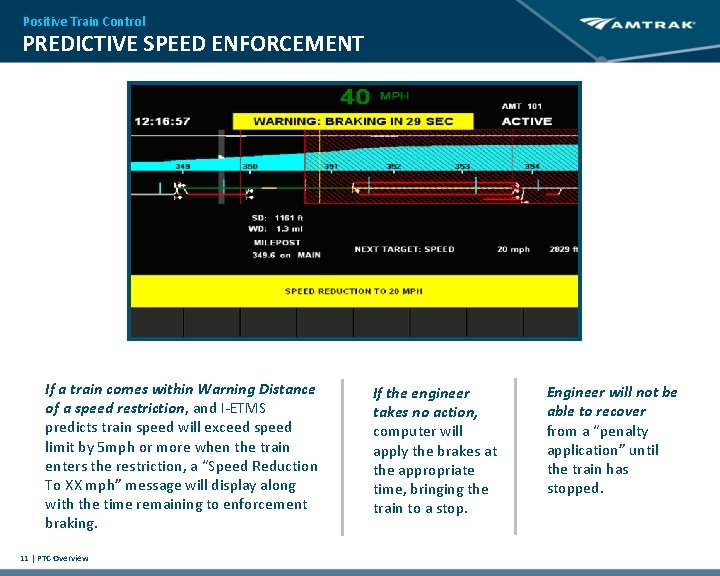 Positive Train Control PREDICTIVE SPEED ENFORCEMENT If a train comes within Warning Distance of