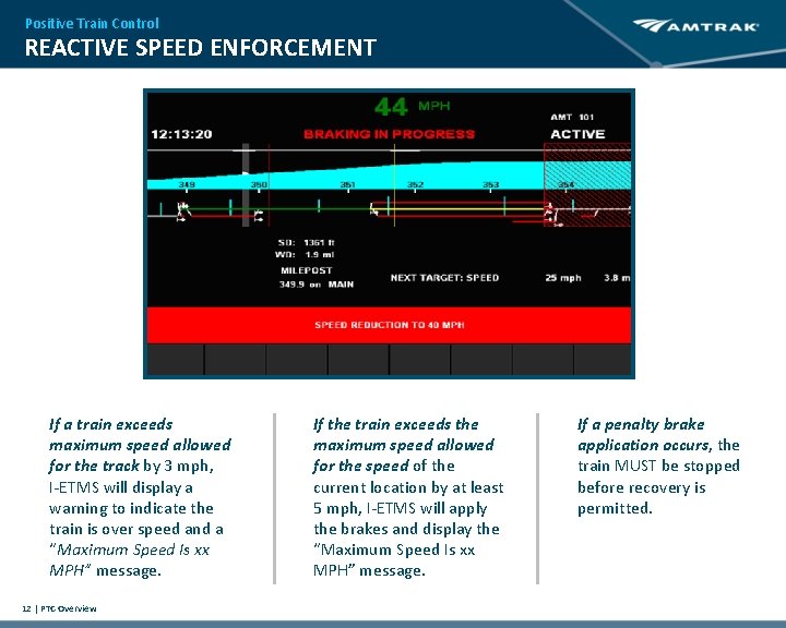 Positive Train Control REACTIVE SPEED ENFORCEMENT If a train exceeds maximum speed allowed for
