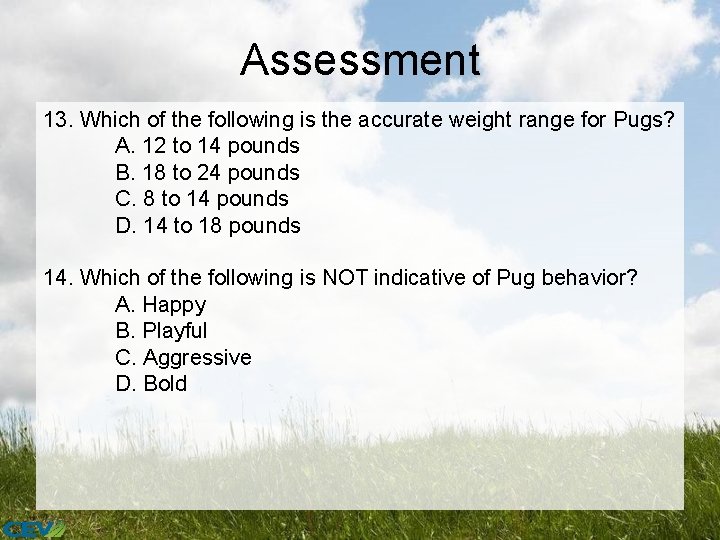 Assessment 13. Which of the following is the accurate weight range for Pugs? A.