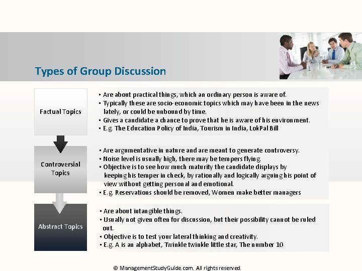 Types of Group Discussion Factual Topics • Are about practical things, which an ordinary