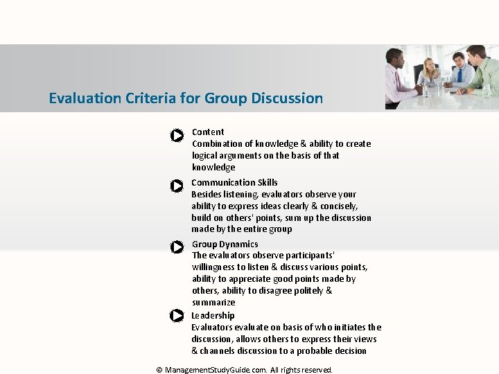Evaluation Criteria for Group Discussion Content Combination of knowledge & ability to create logical