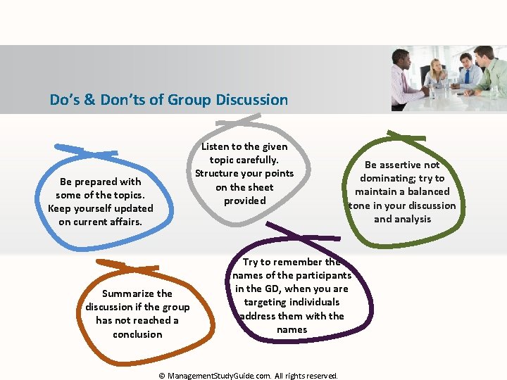 Do’s & Don’ts of Group Discussion Listen to the given topic carefully. Structure your