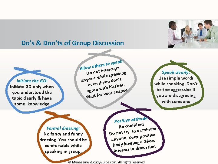 Do’s & Don’ts of Group Discussion Initiate the GD: Initiate GD only when you