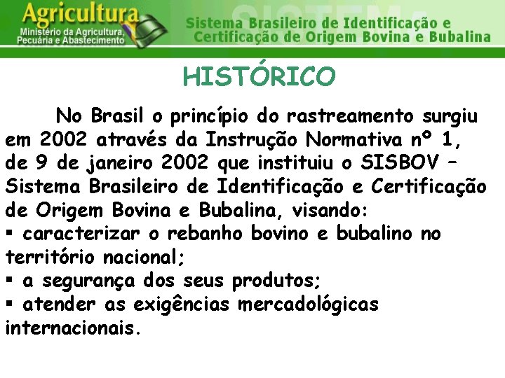 HISTÓRICO No Brasil o princípio do rastreamento surgiu em 2002 através da Instrução Normativa