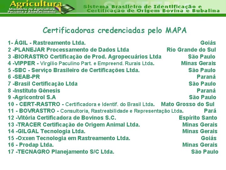 Certificadoras credenciadas pelo MAPA 1 - ÁGIL - Rastreamento Ltda. Goiás 2 -PLANEJAR Processamento