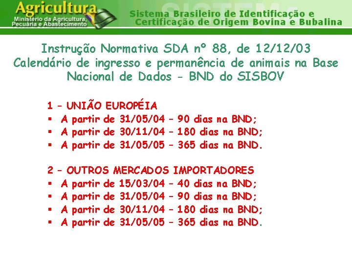 Instrução Normativa SDA nº 88, de 12/12/03 Calendário de ingresso e permanência de animais