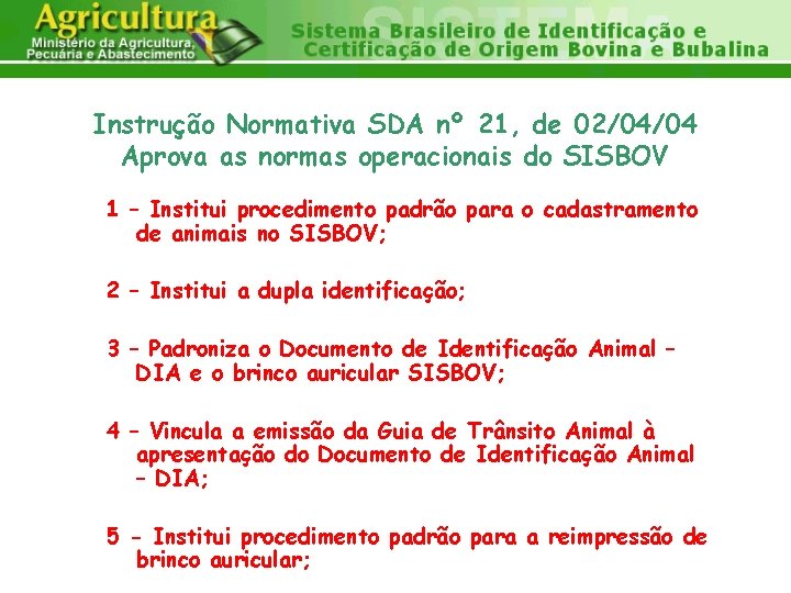 Instrução Normativa SDA nº 21, de 02/04/04 Aprova as normas operacionais do SISBOV 1