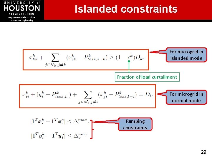 Islanded constraints Department of Electrical and Computer Engineering For microgrid in islanded mode Fraction