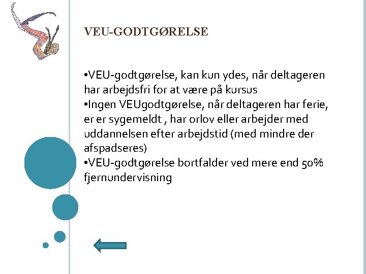 VEU-GODTGØRELSE • VEU-godtgørelse, kan kun ydes, når deltageren har arbejdsfri for at være på