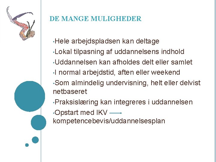 DE MANGE MULIGHEDER • Hele arbejdspladsen kan deltage • Lokal tilpasning af uddannelsens indhold