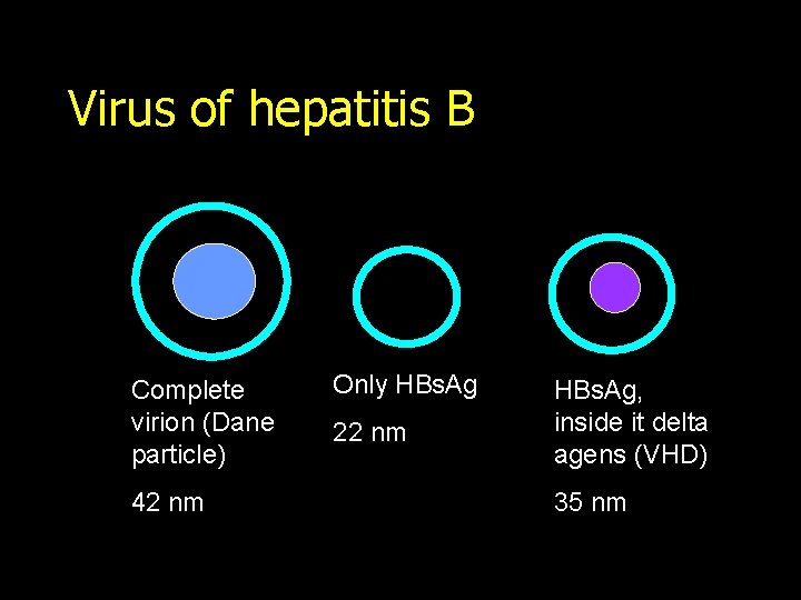 Virus of hepatitis B Complete virion (Dane particle) 42 nm Only HBs. Ag 22