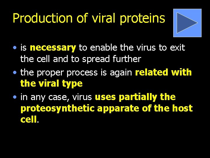 Production of viral proteins • is necessary to enable the virus to exit the