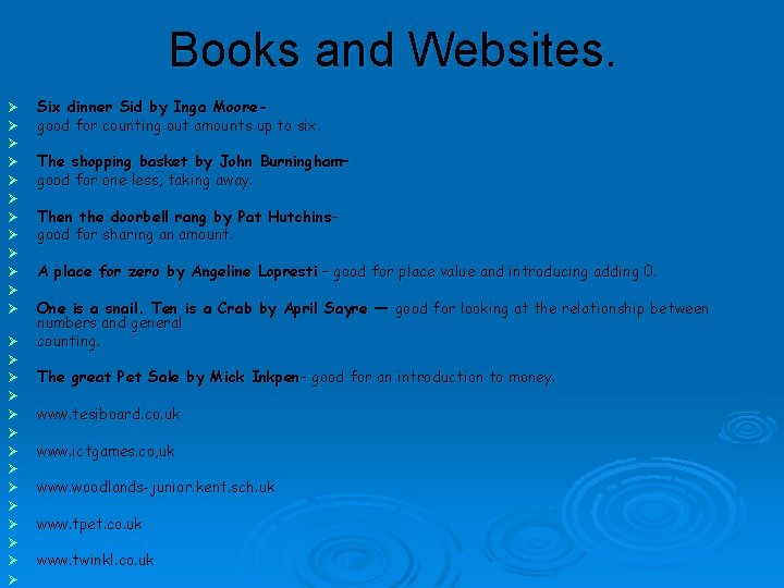 Books and Websites. Ø Ø Ø Ø Ø Ø Ø Six dinner Sid by