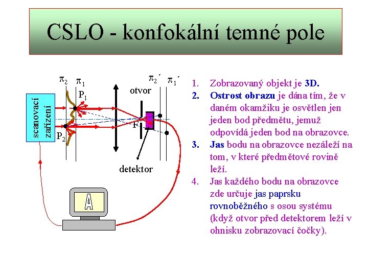 scanovací zařízení CSLO - konfokální temné pole p 2 p 1 P 2 p