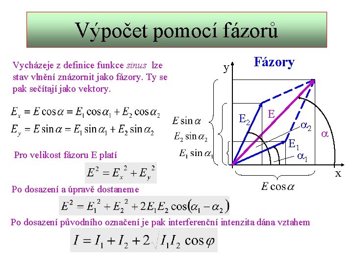 Výpočet pomocí fázorů Vycházeje z definice funkce sinus lze stav vlnění znázornit jako fázory.