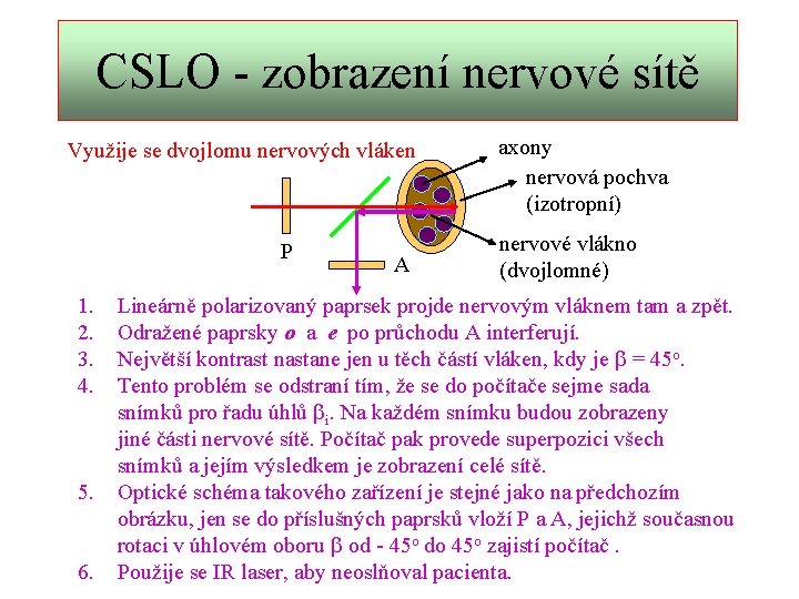 CSLO - zobrazení nervové sítě Využije se dvojlomu nervových vláken P 1. 2. 3.
