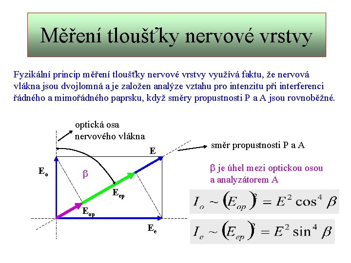 Měření tloušťky nervové vrstvy Fyzikální princip měření tloušťky nervové vrstvy využívá faktu, že nervová