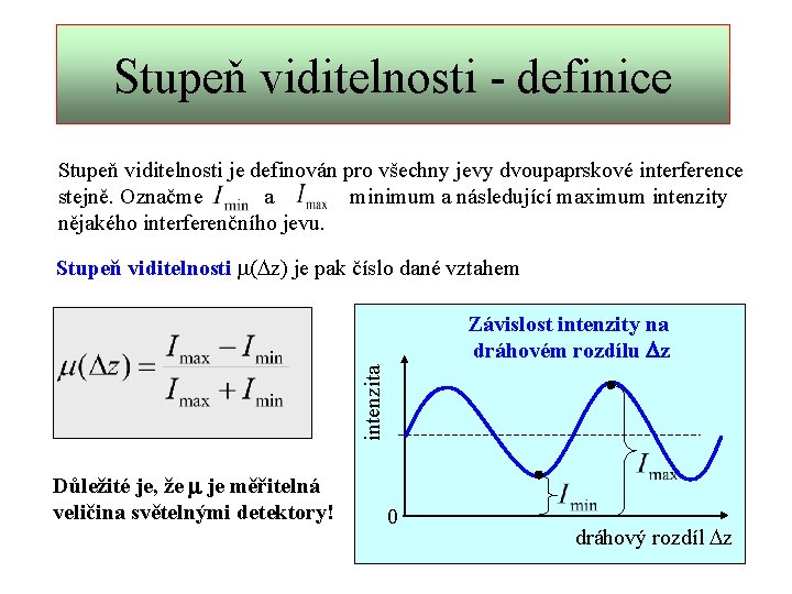 Stupeň viditelnosti - definice Stupeň viditelnosti je definován pro všechny jevy dvoupaprskové interference stejně.