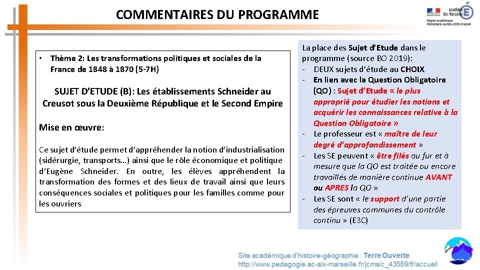 COMMENTAIRES DU PROGRAMME • Thème 2: Les transformations politiques et sociales de la France