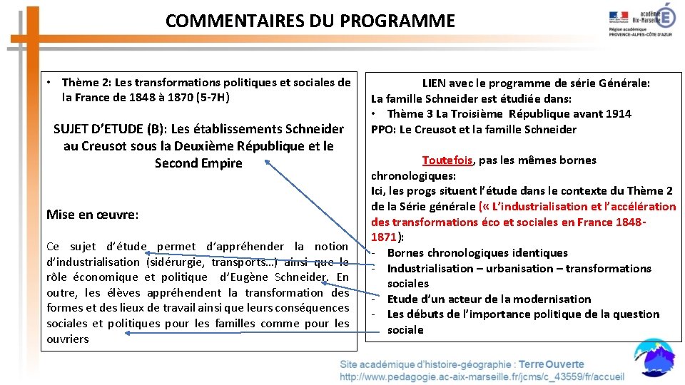 COMMENTAIRES DU PROGRAMME • Thème 2: Les transformations politiques et sociales de la France