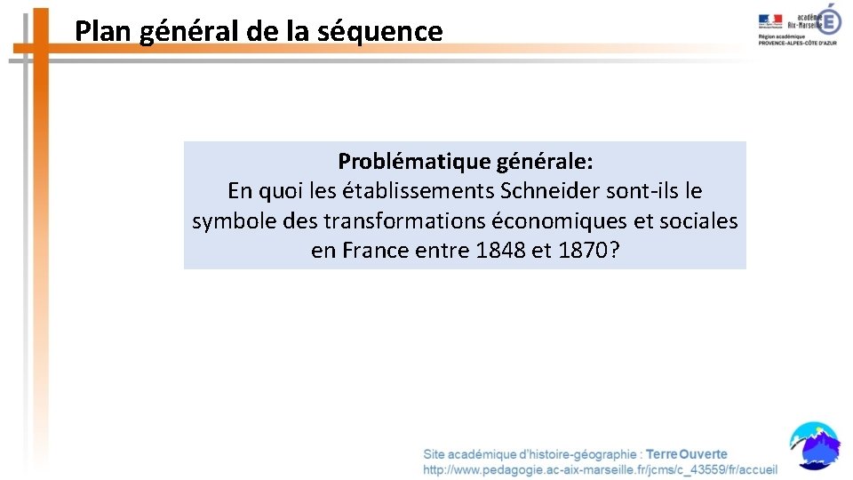 Plan général de la séquence Problématique générale: En quoi les établissements Schneider sont-ils le