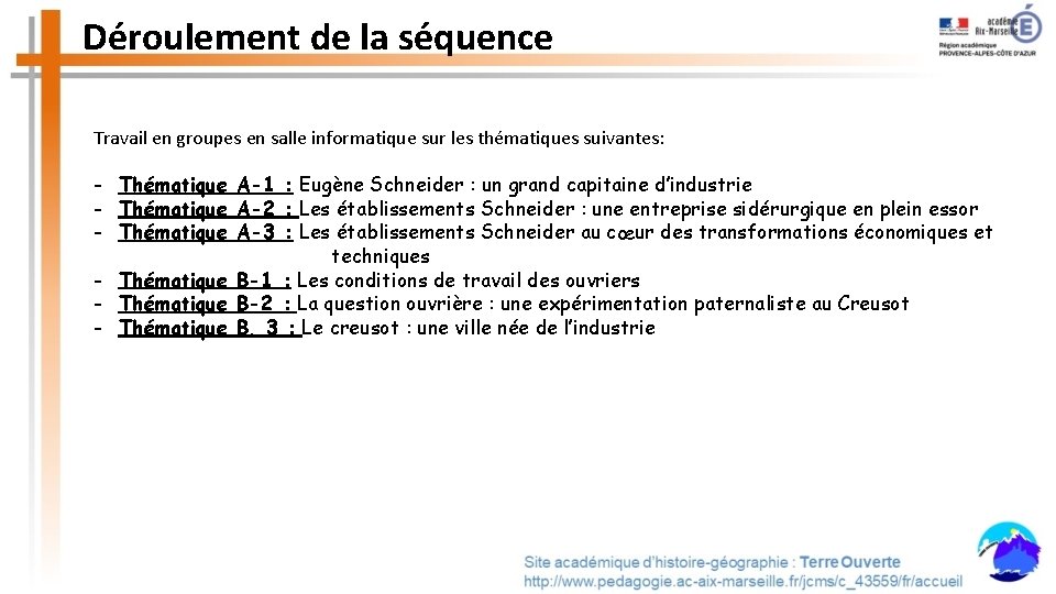 Déroulement de la séquence Travail en groupes en salle informatique sur les thématiques suivantes: