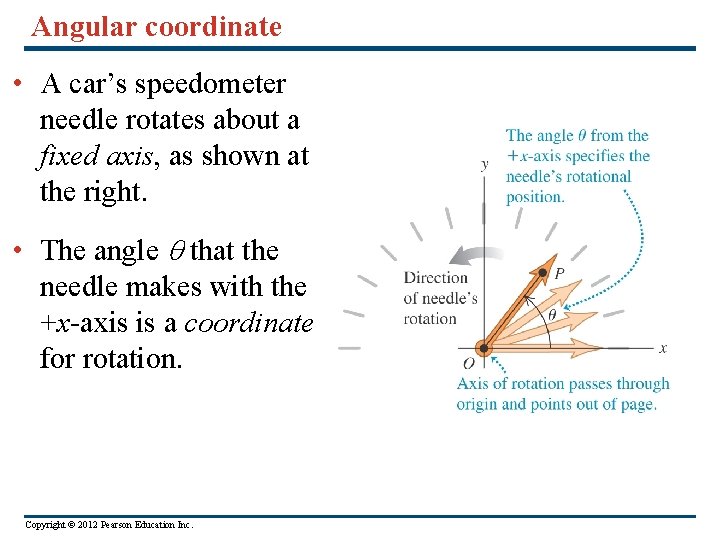 Angular coordinate • A car’s speedometer needle rotates about a fixed axis, as shown Angular coordinate • A car’s speedometer needle rotates about a fixed axis, as shown