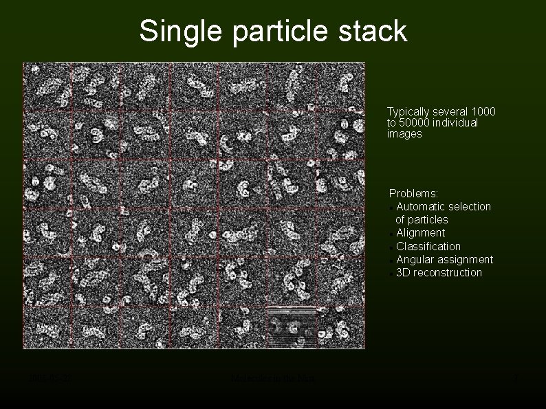 Single particle stack Typically several 1000 to 50000 individual images Problems: Automatic selection of