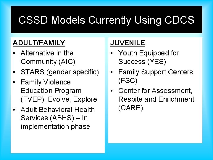 CSSD Models Currently Using CDCS ADULT/FAMILY • Alternative in the Community (AIC) • STARS