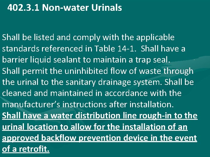 402. 3. 1 Non-water Urinals Shall be listed and comply with the applicable standards