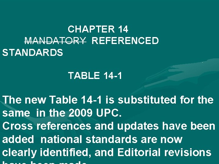 CHAPTER 14 MANDATORY REFERENCED STANDARDS TABLE 14 -1 The new Table 14 -1 is