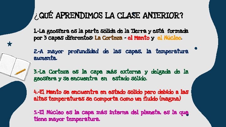 ¿QUÉ APRENDIMOS LA CLASE ANTERIOR? 1. -La geosfera es la parte sólida de la