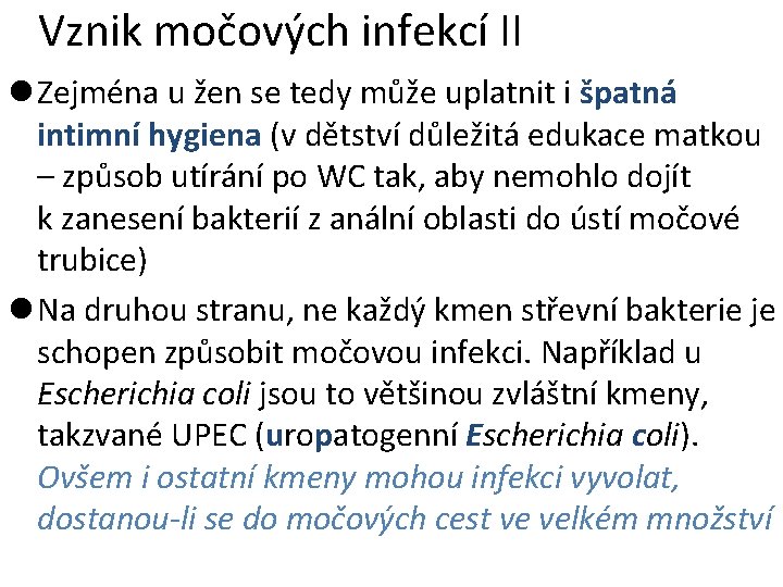 Vznik močových infekcí II l Zejména u žen se tedy může uplatnit i špatná