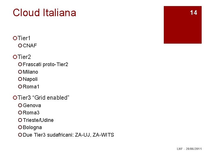 Cloud Italiana 14 ¡Tier 1 ¡ CNAF ¡Tier 2 ¡ Frascati proto-Tier 2 ¡