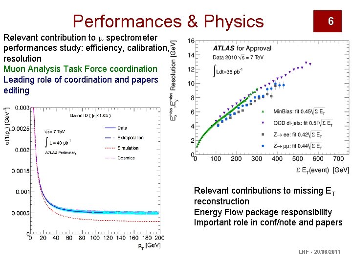 Performances & Physics 6 Relevant contribution to m spectrometer performances study: efficiency, calibration, resolution