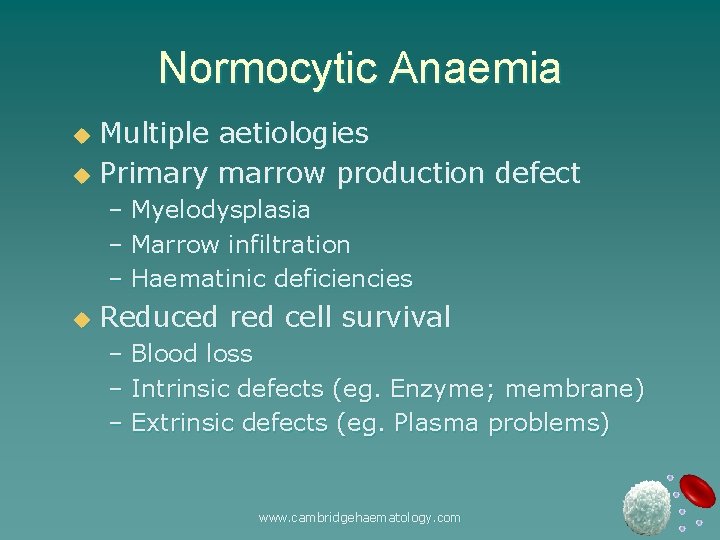 Normocytic Anaemia Multiple aetiologies u Primary marrow production defect u – Myelodysplasia – Marrow